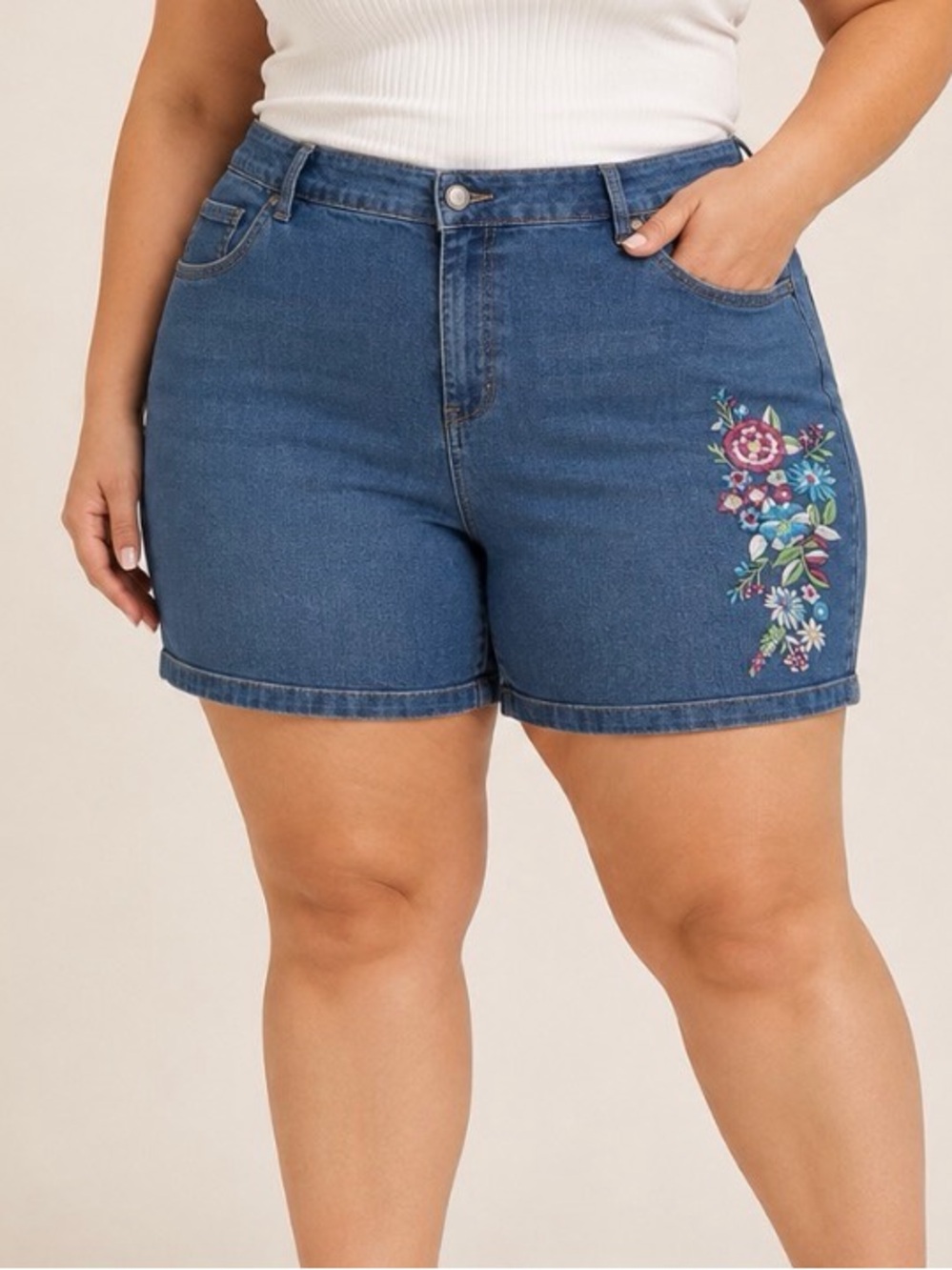 Woman Within Blue Denim Shorts with Multicolor Floral Embroidery